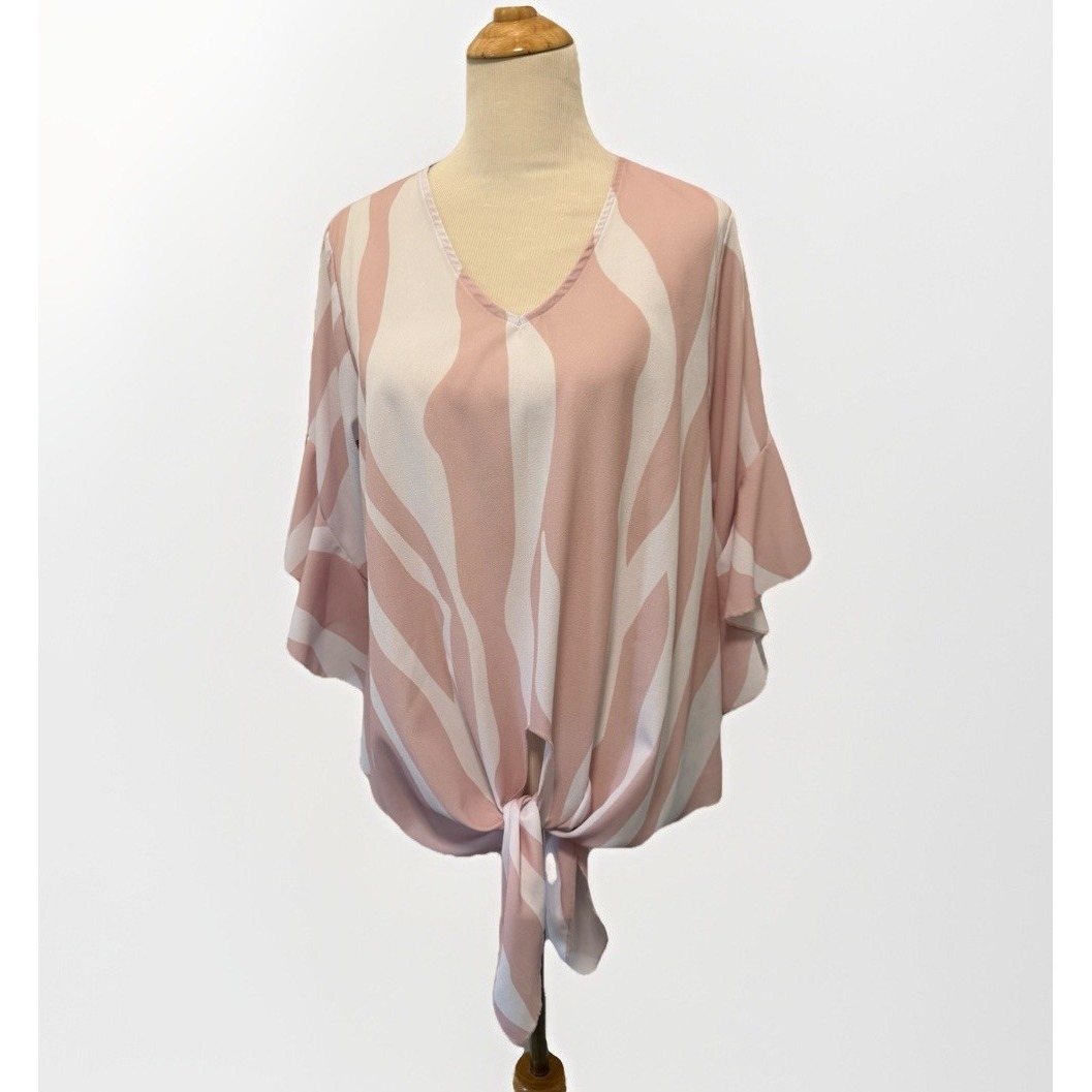 Tie Waist Blouse Women's Size Large Pink Mauve White Stripe Flowy Sleeves